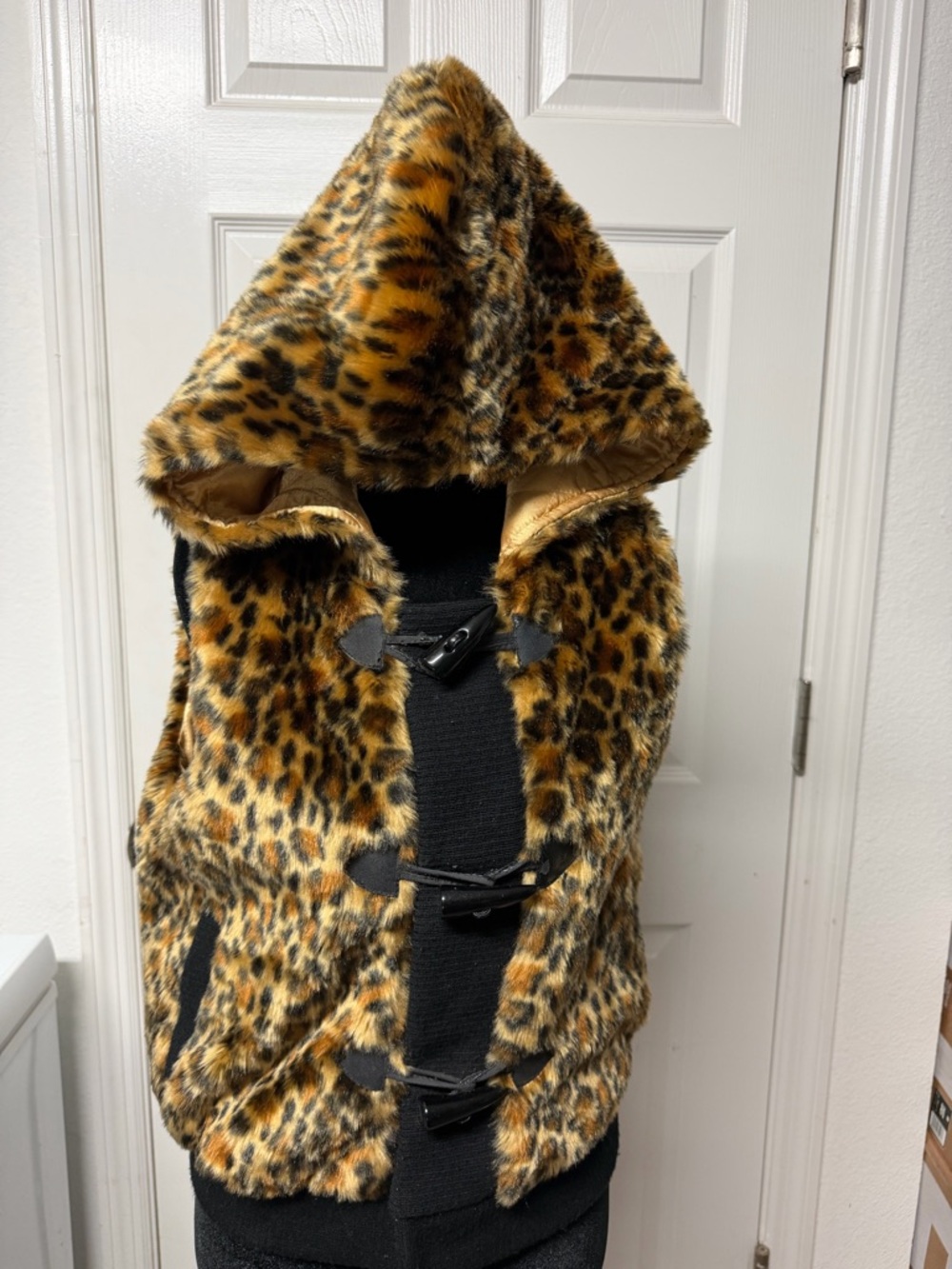 Leopard Print Faux Fur Vest Hooded Toggle Coat Y2K Statement Piece